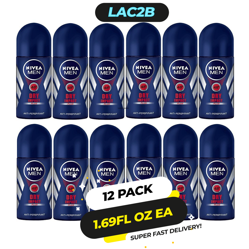 12 Pack Nivea Roll On Dry Impact Deodorant - 48/72hr Protection, Dry Skin Feeling All Day, Non-Irritating & Lightly Fragranced 50Ml / 1.69Fl Oz