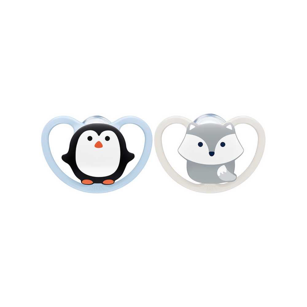 NUK Set of 2 Chup Space T1 Pacifiers - BPA Free, Orthodontic, Cute Penguin-Fox Design, Easy to Hold Handle, Includes Storage Case